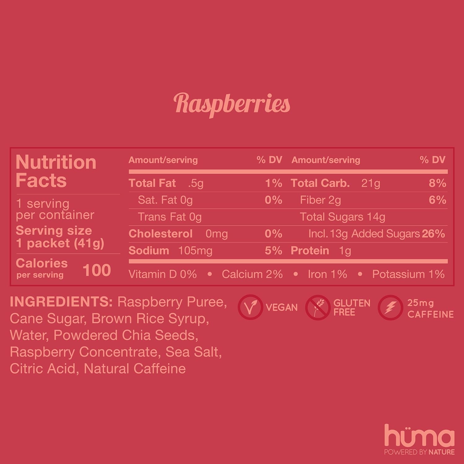 Raspberry Huma Chia Energy Gel - 12 Pack with Caffeine for Endurance Exercise