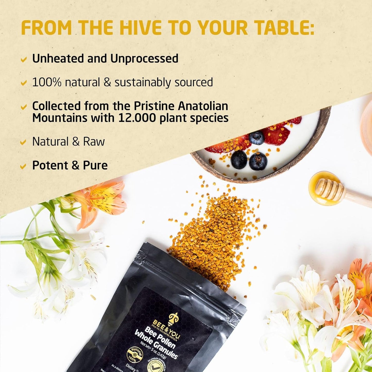Raw Bee Pollen Granules Supplement - Natural Superfood with Amino Acids, Antioxidants, and Vitamin B | 100% Paleo & Keto Friendly - Gluten Free | 5 Oz Pack of 2