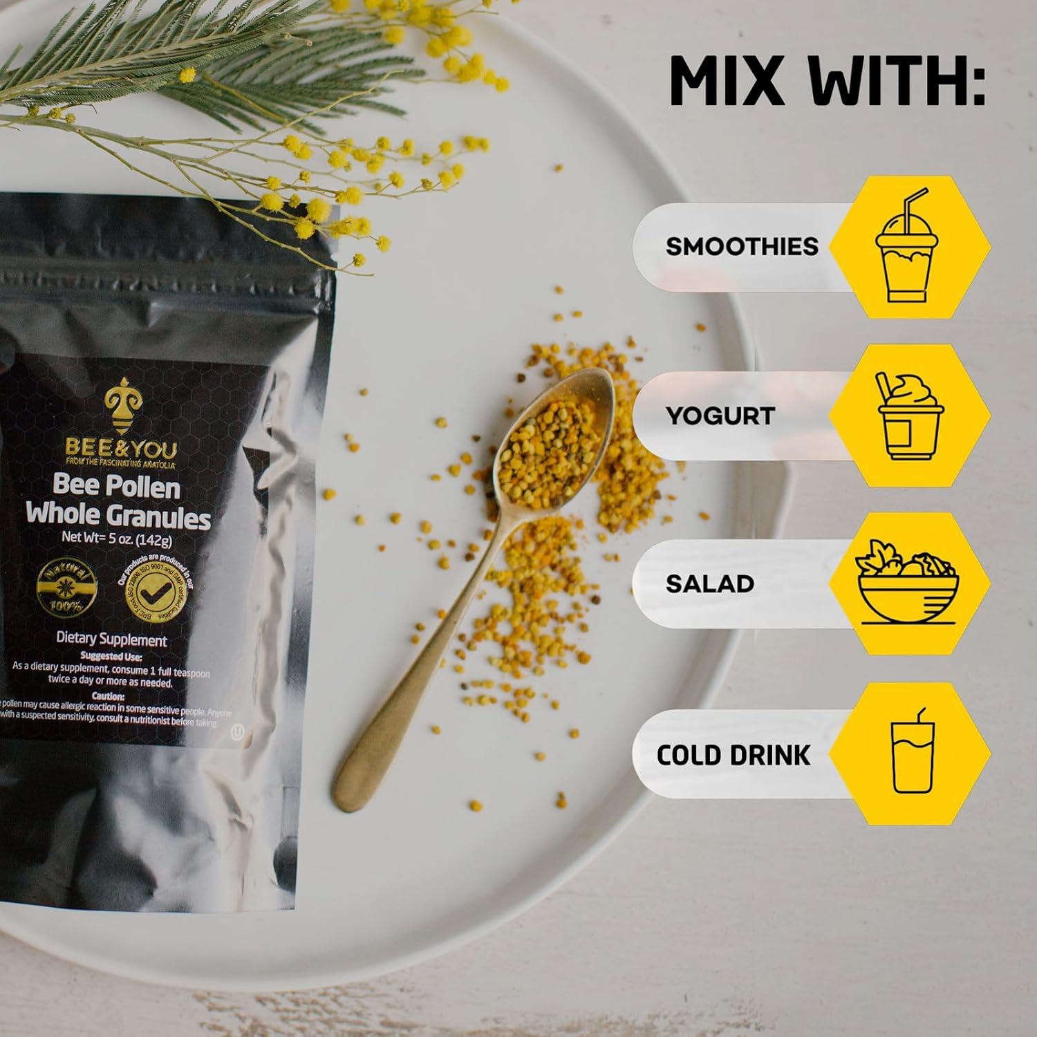 Raw Bee Pollen Granules Supplement - Natural Superfood with Amino Acids, Antioxidants, and Vitamin B | 100% Paleo & Keto Friendly - Gluten Free | 5 Oz Pack of 2