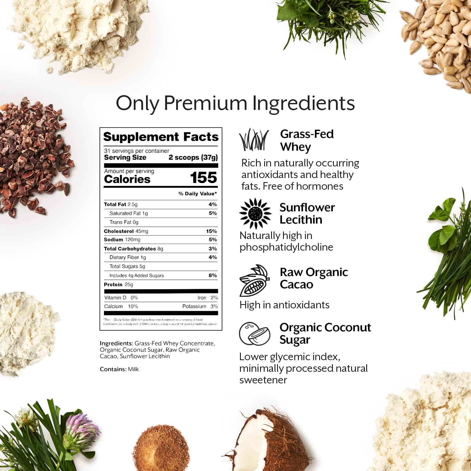 Raw Chocolate Whey Protein Powder - 2.5lb Bulk Grass-Fed Natural Post-Workout Shake Mix Gluten-Free & Keto-Friendly