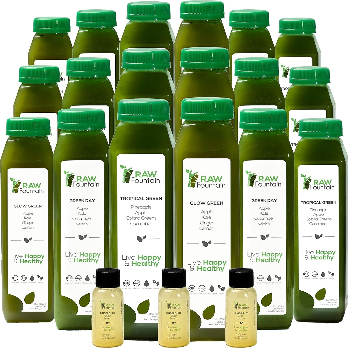 Raw Fountain 7-Day Green Juice Cleanse - All Natural, Vegan Detox, Cold Pressed Juice, 42 Bottles (12oz) with 3 Ginger Shots