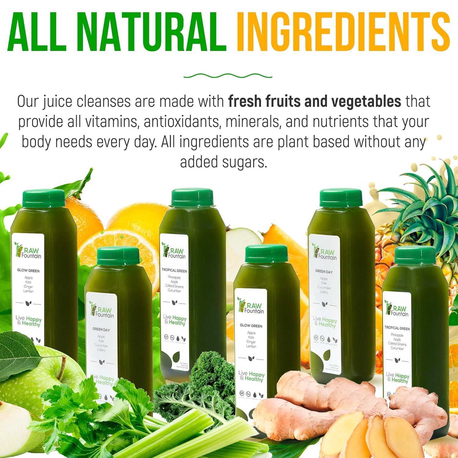 Raw Fountain 7-Day Green Juice Cleanse - All Natural, Vegan Detox, Cold Pressed Juice, 42 Bottles (12oz) with 3 Ginger Shots