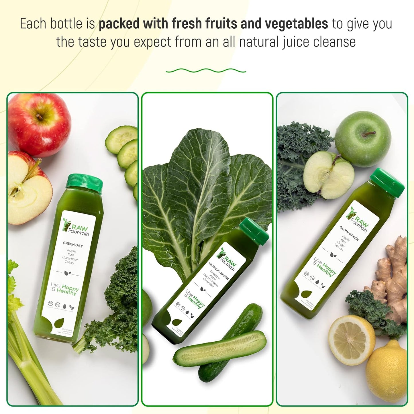 Raw Fountain 7-Day Green Juice Cleanse - All Natural, Vegan Detox, Cold Pressed Juice, 42 Bottles (12oz) with 3 Ginger Shots