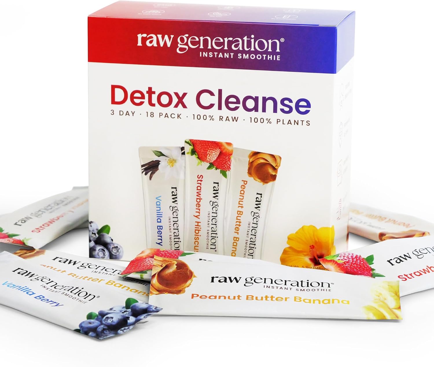 Raw Generation Instant Smoothie Detox Gut Cleanse - 3-Day Juice Cleanse for Healthy Weight Management - 100% Raw Natural Superfood Drink Powder Packets - No Added Sugar - Convenient On-the-Go Detox