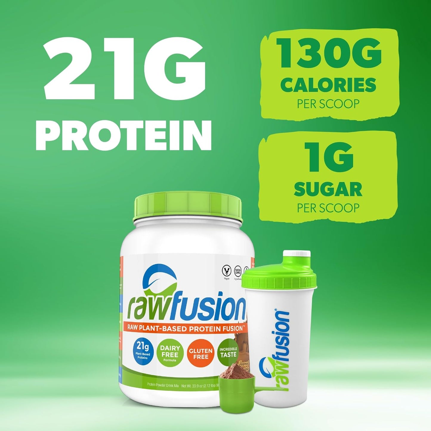 RawFusion Plant Protein Powder, Peanut Chocolate Fudge Flavor, 32.9 oz - Single Pack