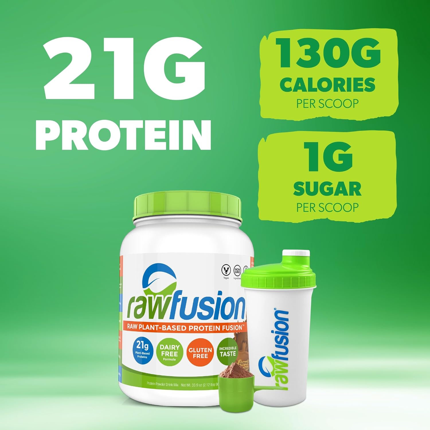 RawFusion Plant Protein Powder, Peanut Chocolate Fudge Flavor, 32.9 oz - Single Pack