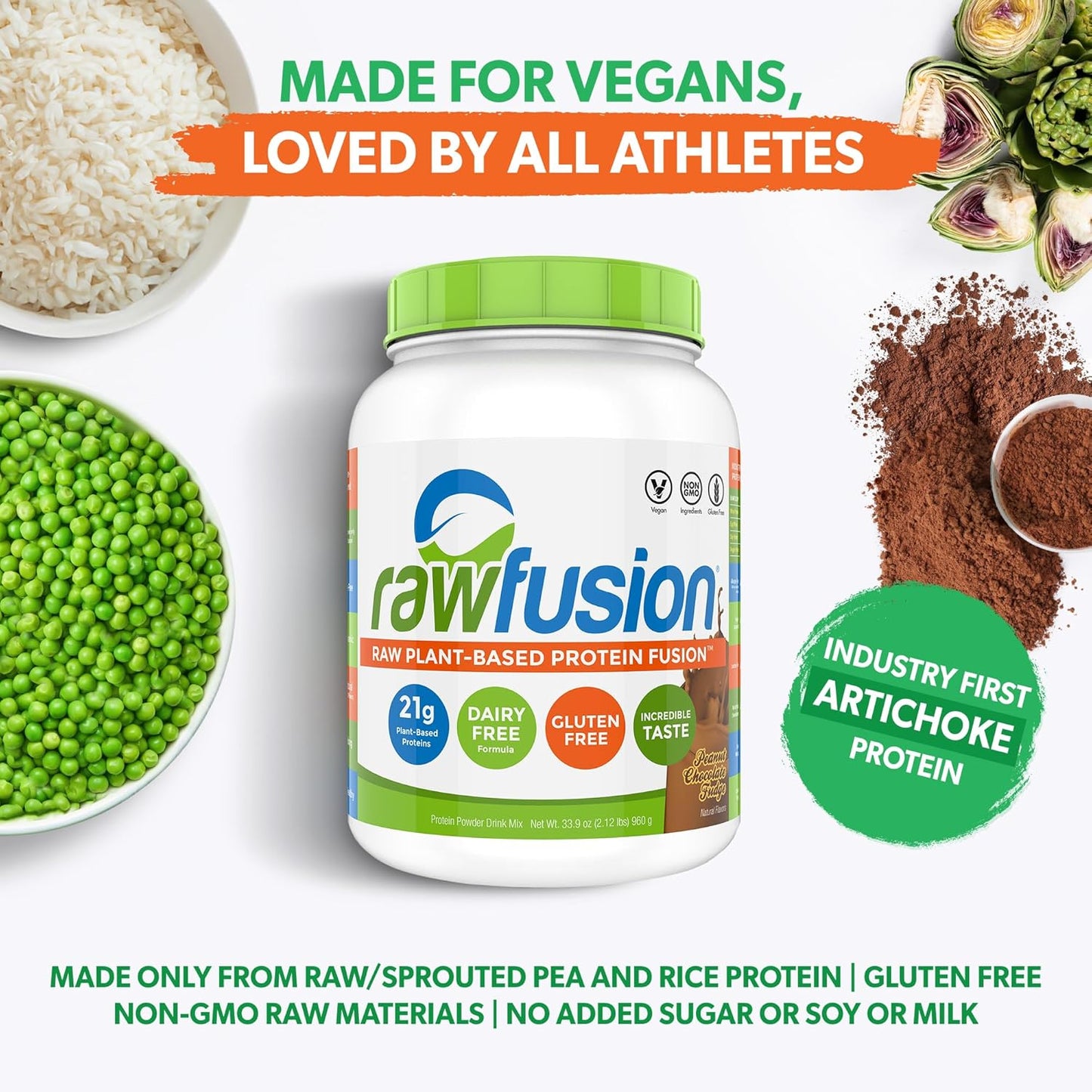 RawFusion Plant Protein Powder, Peanut Chocolate Fudge Flavor, 32.9 oz - Single Pack