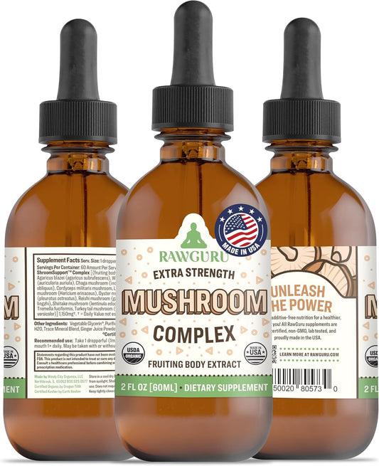 RawGuru Organic Mushroom Complex Tincture - Immune & Cognitive Support Supplement - Vegan Drops - 60 Servings