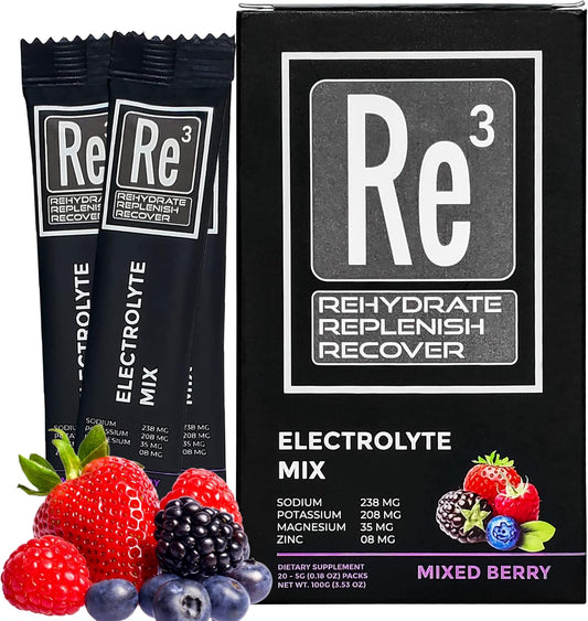 Re3 Electrolyte Powder Packets - Hydrate, Replenish, Recover - Mixed Berry Flavor - Sugar-Free, Low Calorie, Vitamin & Mineral Mix