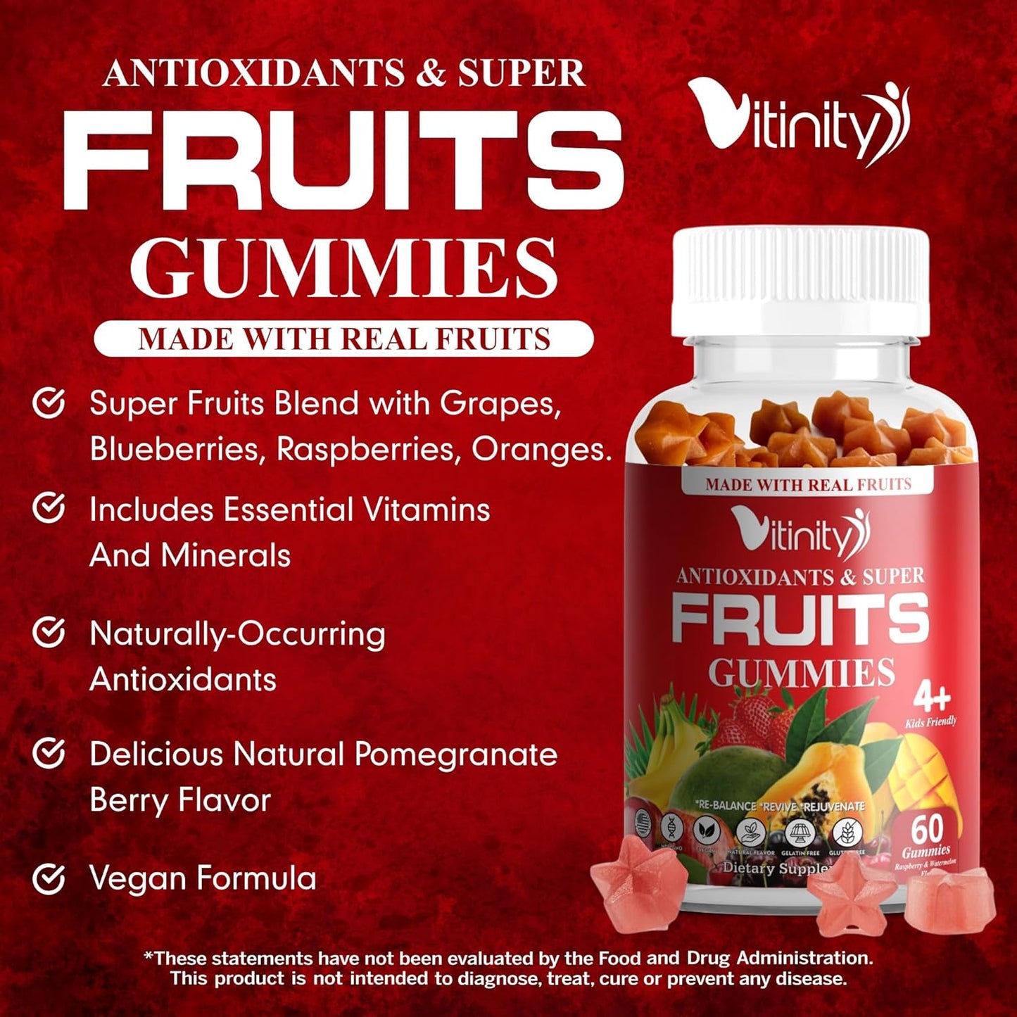 Real Fruit & Veggie Gummies - Superfood Vitamin Supplement for Women, Men, & Kids - Fruit & Greens Blend for Daily Health - VITINITY (60-Day Supply)