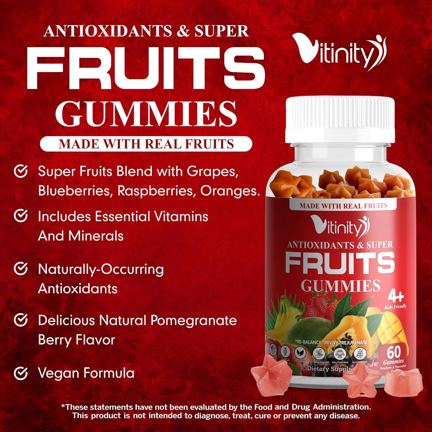 Real Fruit & Veggie Gummies - Superfood Vitamin Supplement for Women, Men, & Kids - Fruit & Greens Blend for Daily Health - VITINITY (60-Day Supply)