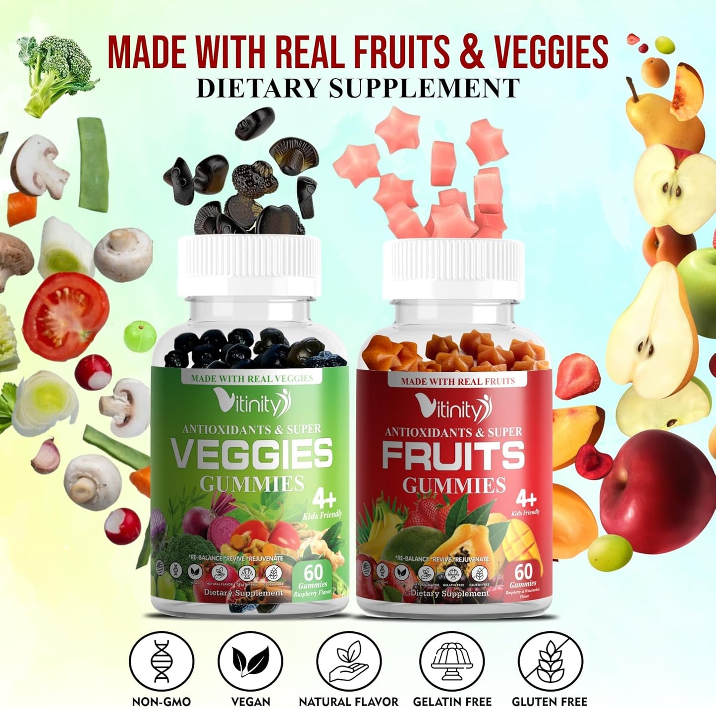 Real Fruit & Veggie Gummies - Superfood Vitamin Supplement for Women, Men, & Kids - Fruit & Greens Blend for Daily Health - VITINITY (60-Day Supply)