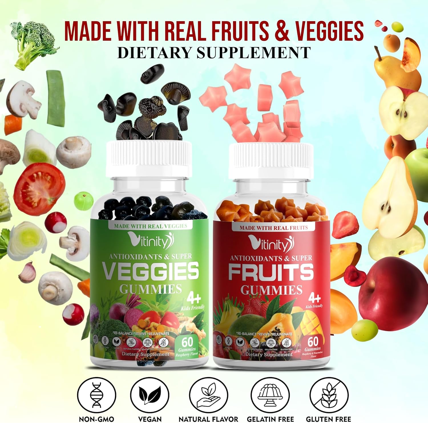 Real Fruit & Veggie Gummies - Superfood Vitamin Supplement for Women, Men, & Kids - Fruit & Greens Blend for Daily Health - VITINITY (60-Day Supply)