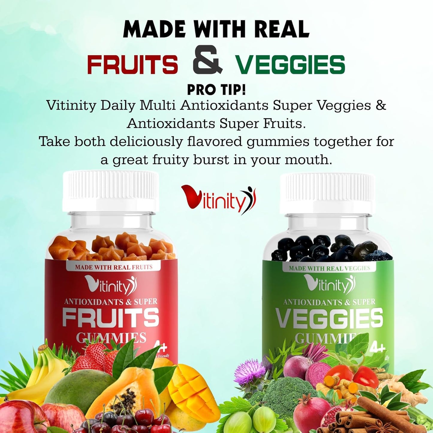 Real Fruit & Veggie Gummies - Superfood Vitamin Supplement for Women, Men, & Kids - Fruit & Greens Blend for Daily Health - VITINITY (60-Day Supply)