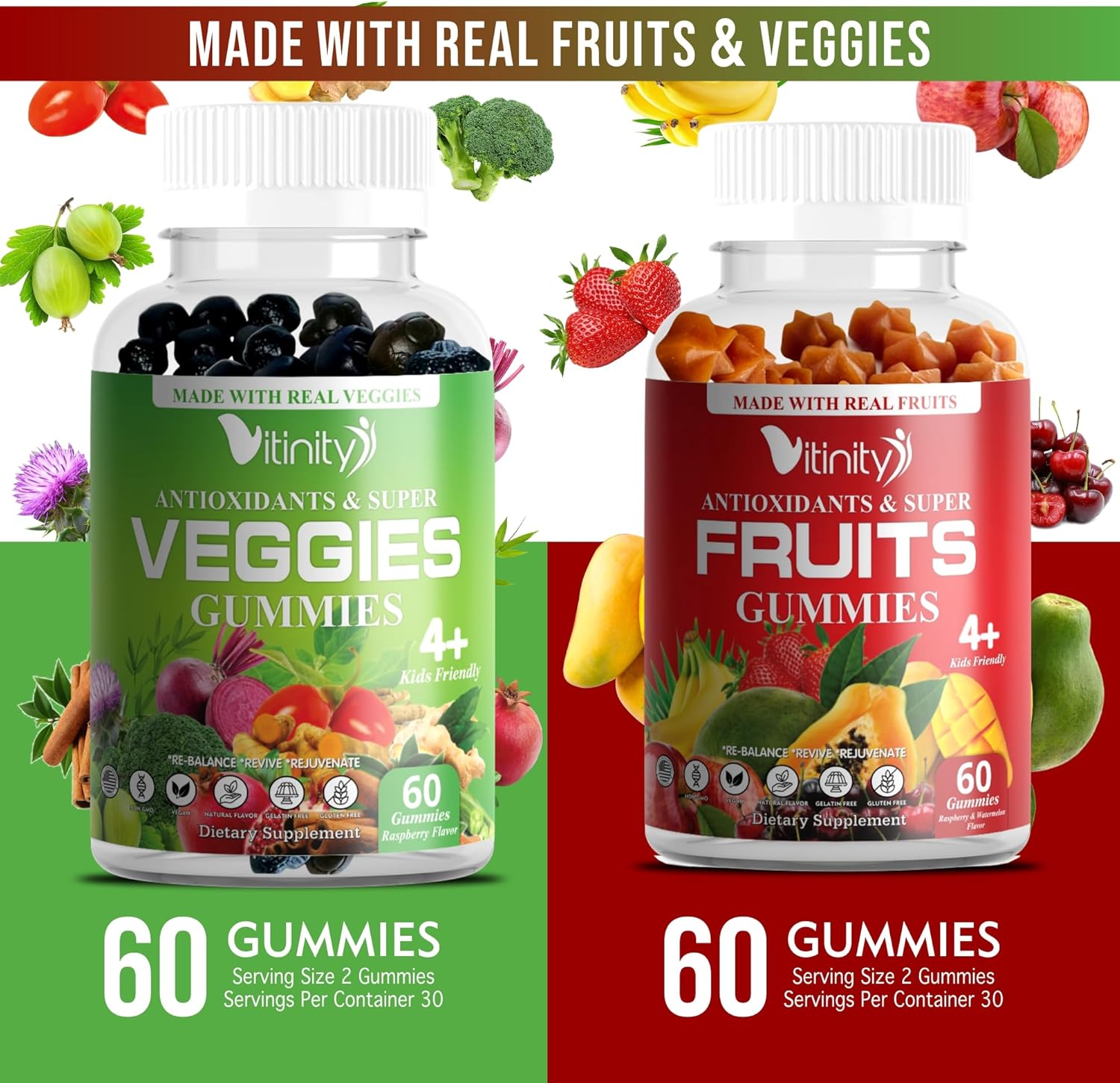 Real Fruit & Veggie Gummies - Superfood Vitamin Supplement for Women, Men, & Kids - Fruit & Greens Blend for Daily Health - VITINITY (60-Day Supply)