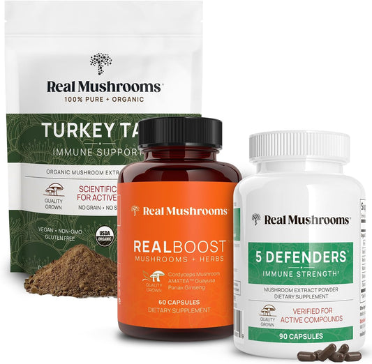 Real Mushrooms RealBoost & 5 Defenders Bundle - Mushroom Supplement for Energy, Vitality, and Immunity - Vegan & Non-GMO - 60ct & 90ct