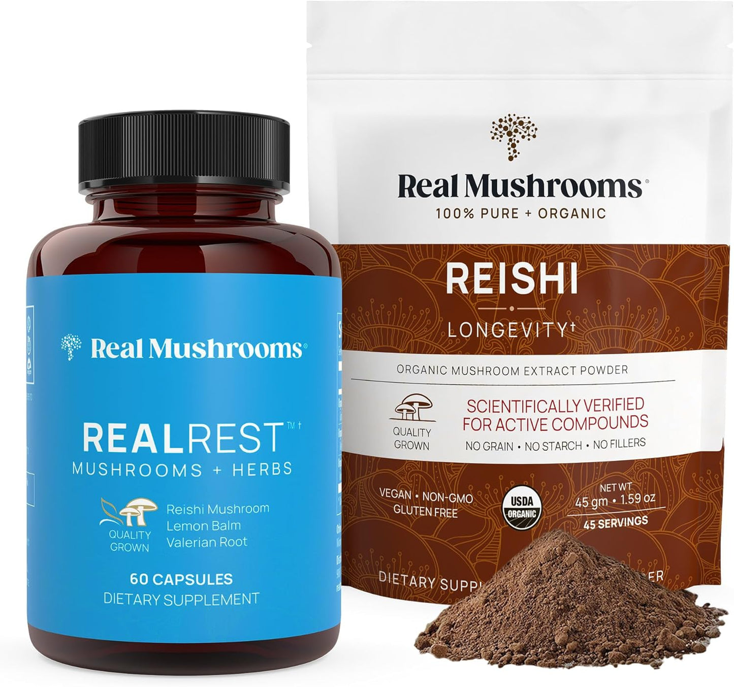 Real Mushrooms RealRest Capsules and Reishi Mushroom Powder Bundle - Longevity, Immune Support, Sleep Aid - Vegan, Non-GMO - 60ct Capsules, 45 Servings