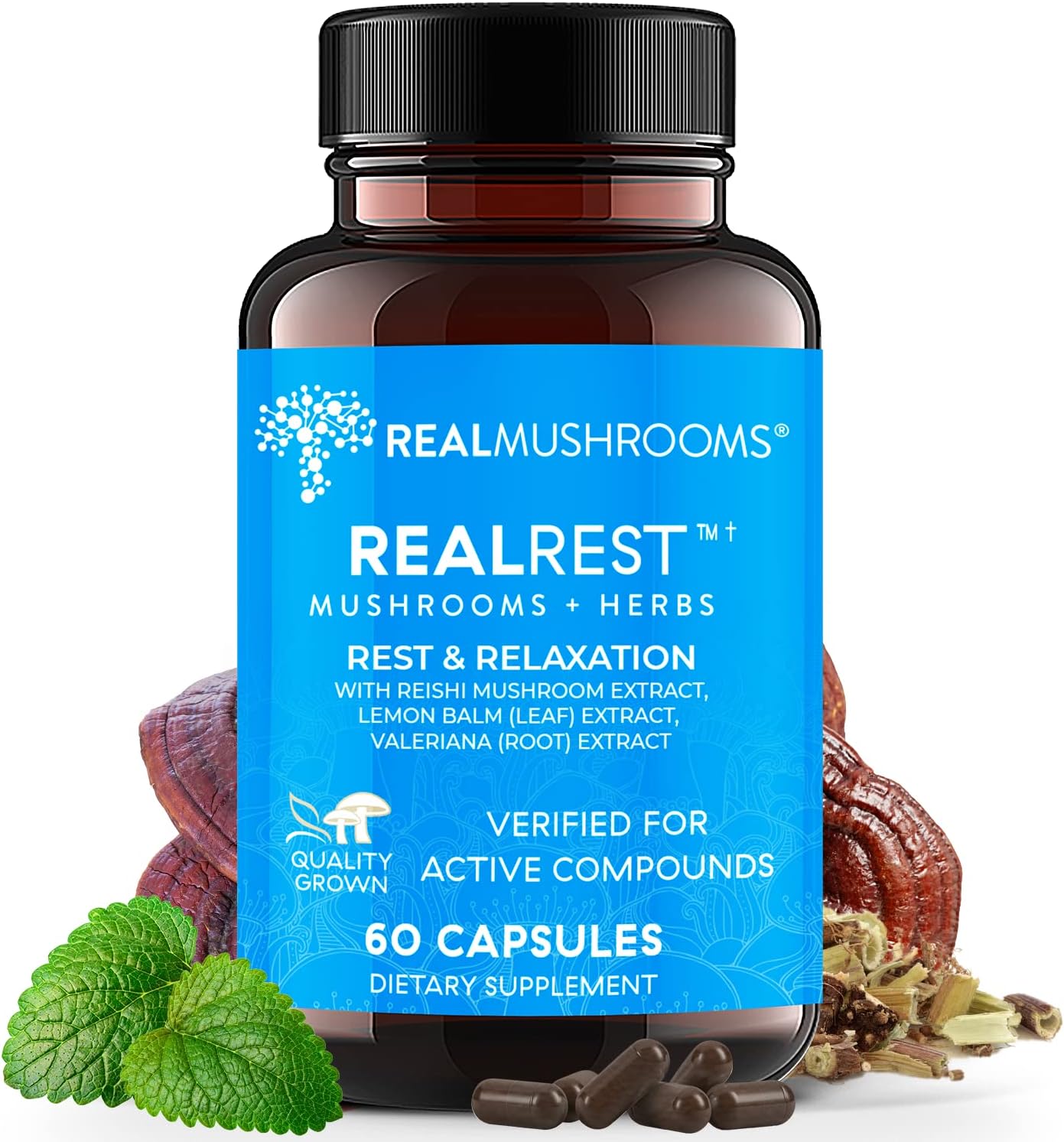 Real Mushrooms RealRest Capsules and Reishi Mushroom Powder Bundle - Longevity, Immune Support, Sleep Aid - Vegan, Non-GMO - 60ct Capsules, 45 Servings