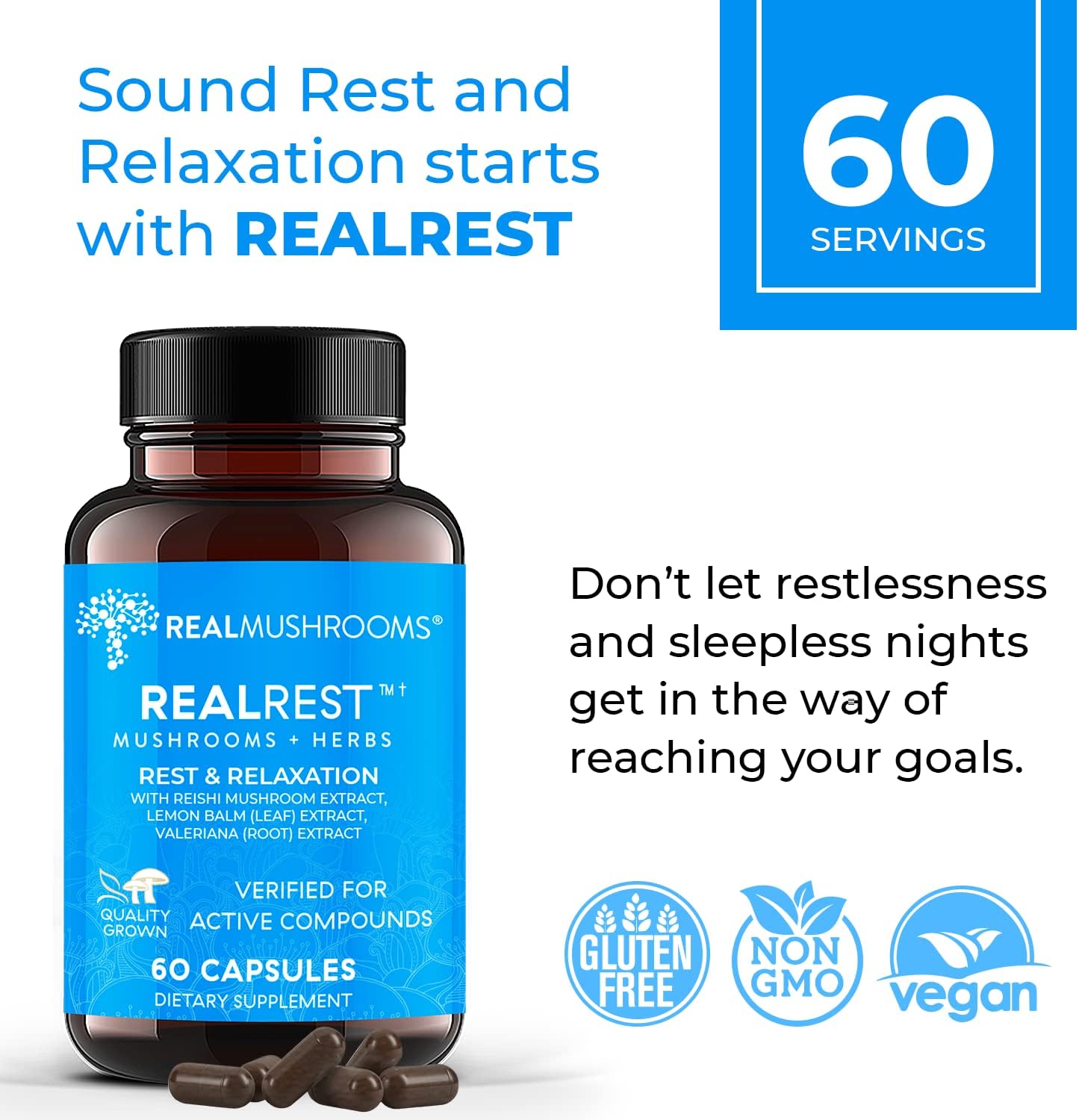 Real Mushrooms RealRest Capsules and Reishi Mushroom Powder Bundle - Longevity, Immune Support, Sleep Aid - Vegan, Non-GMO - 60ct Capsules, 45 Servings