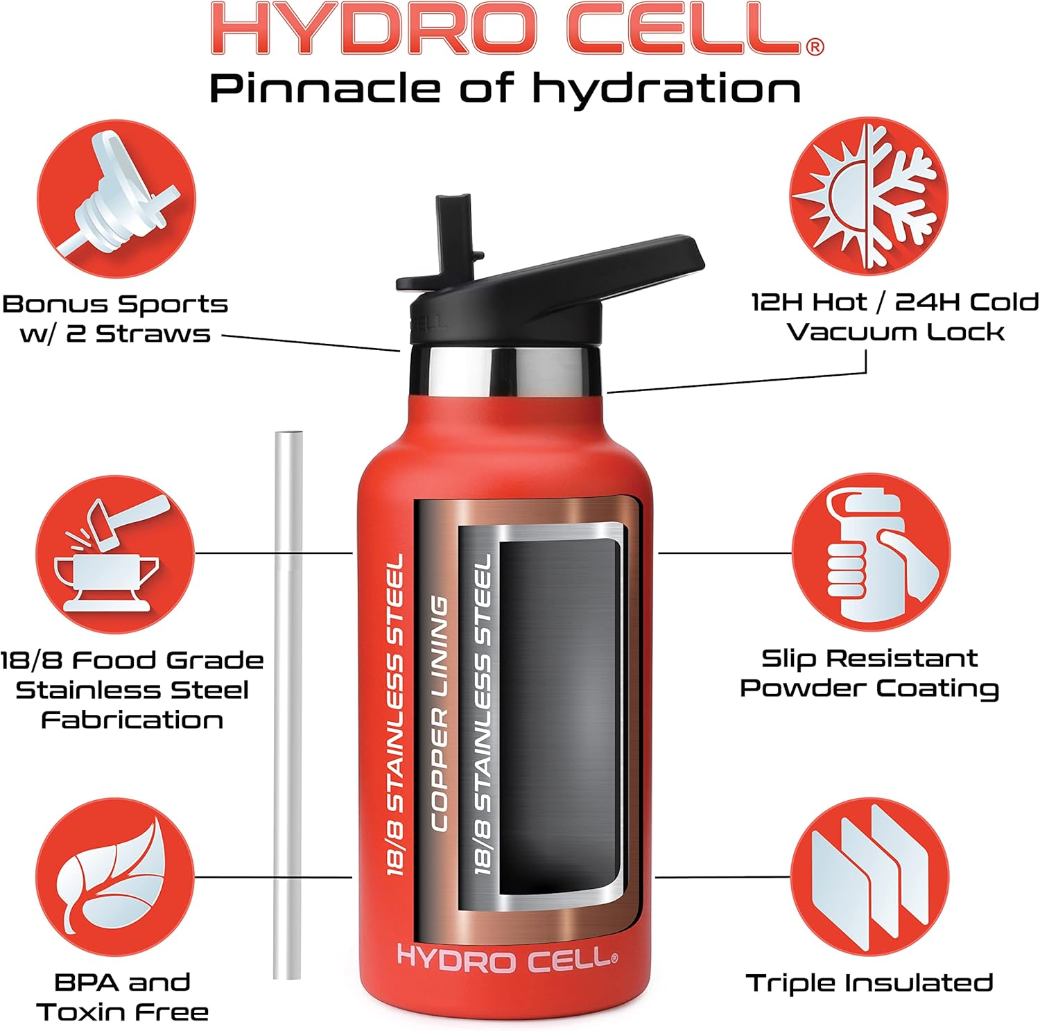 Red 16oz HYDRO CELL Stainless Steel Water Bottle with Straw, 2 Lids, Double Wall Vacuum Insulation - Hot/Cold Leak Proof Sports Design