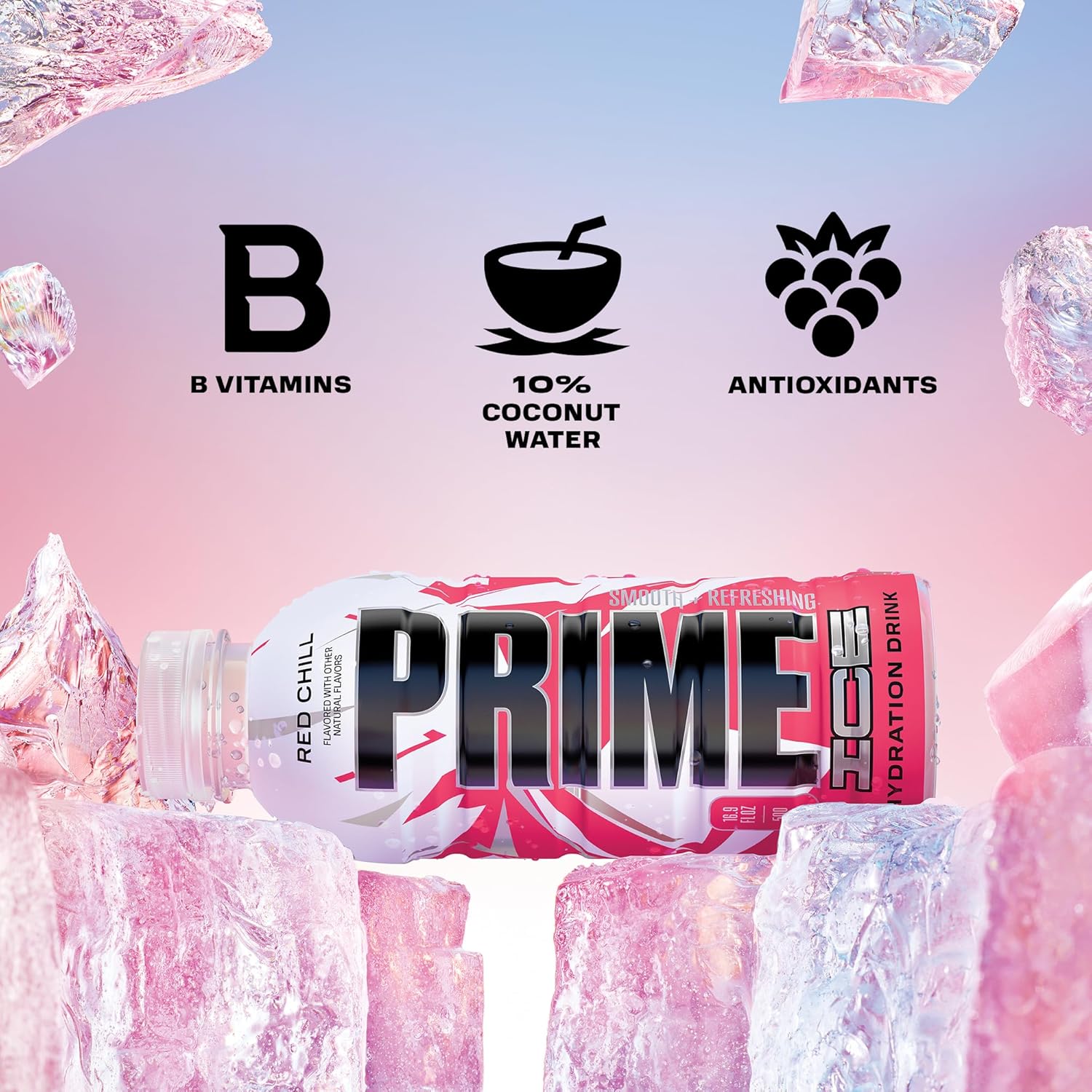 RED CHILL PRIME ICE Hydration Sports Drink with BCAAs, B Vitamins, Antioxidants - 12 Pack of 16.9 Fl Oz Bottles for Ultimate Hydration