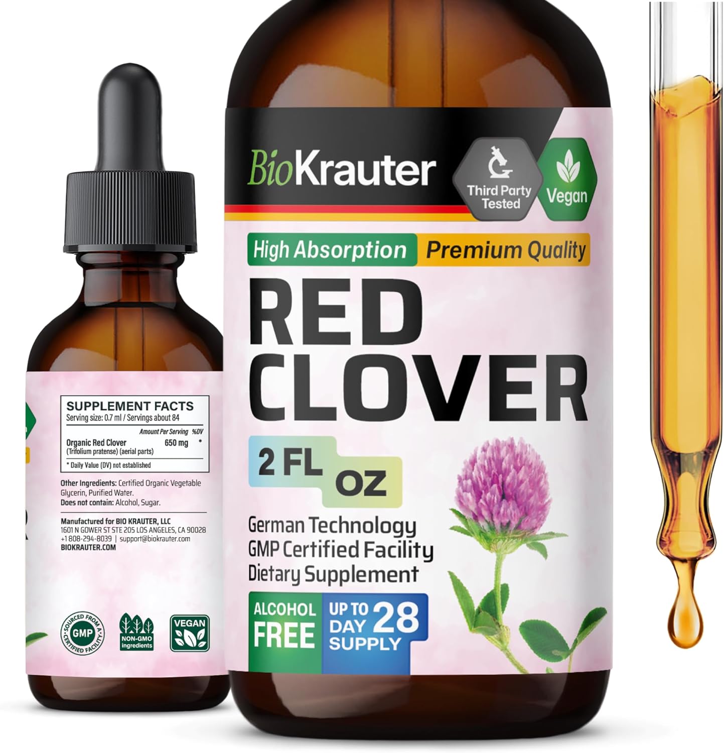 Red Clover Tincture for Women's Support - Alcohol-Free Liquid Supplement - Vegan 2 Fl.Oz. Bottle