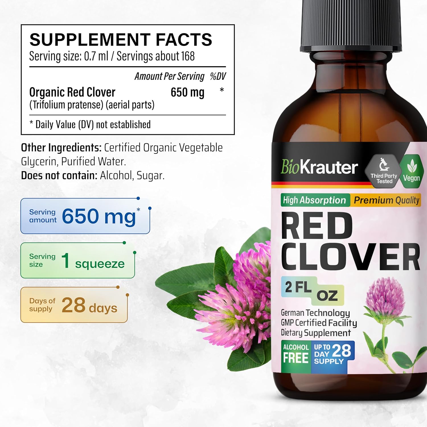 Red Clover Tincture for Women's Support - Alcohol-Free Liquid Supplement - Vegan 2 Fl.Oz. Bottle