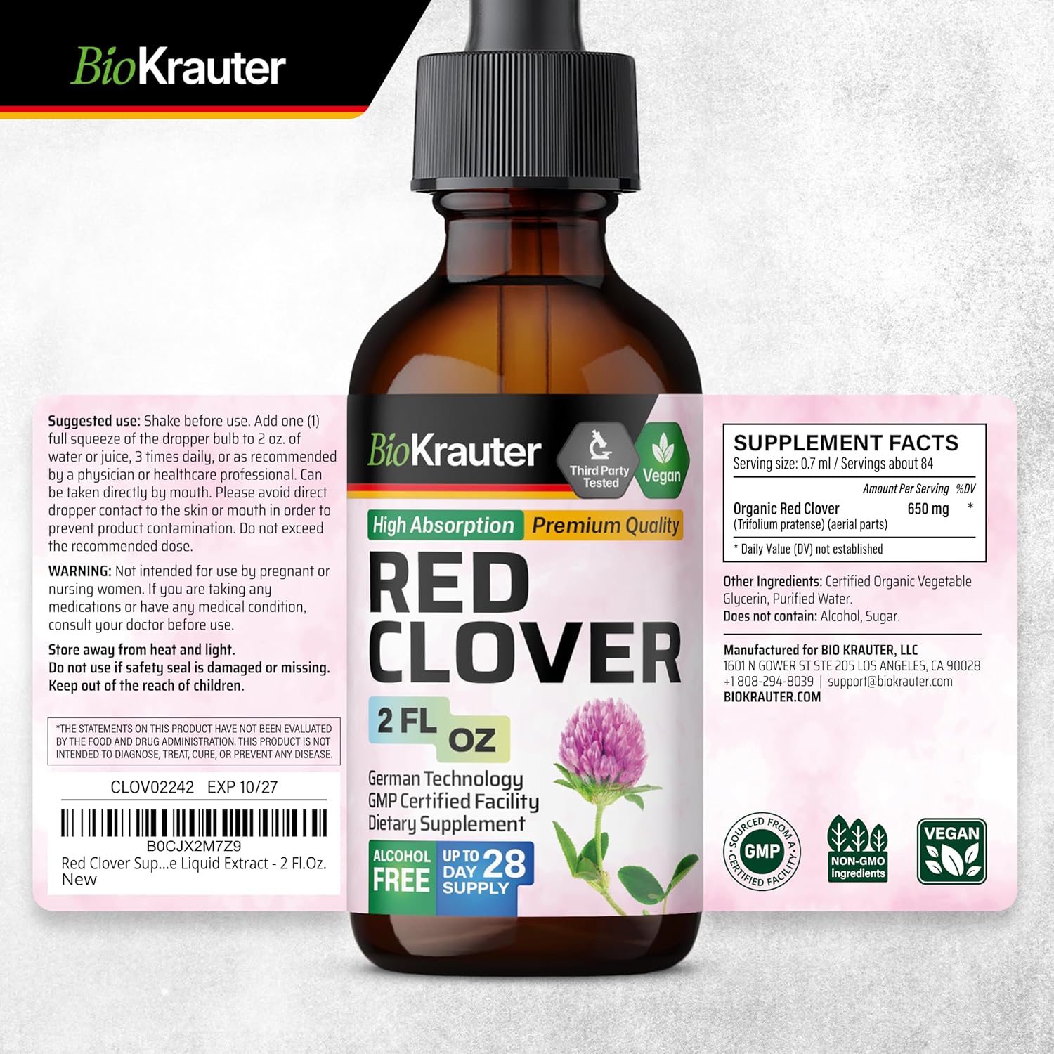 Red Clover Tincture for Women's Support - Alcohol-Free Liquid Supplement - Vegan 2 Fl.Oz. Bottle