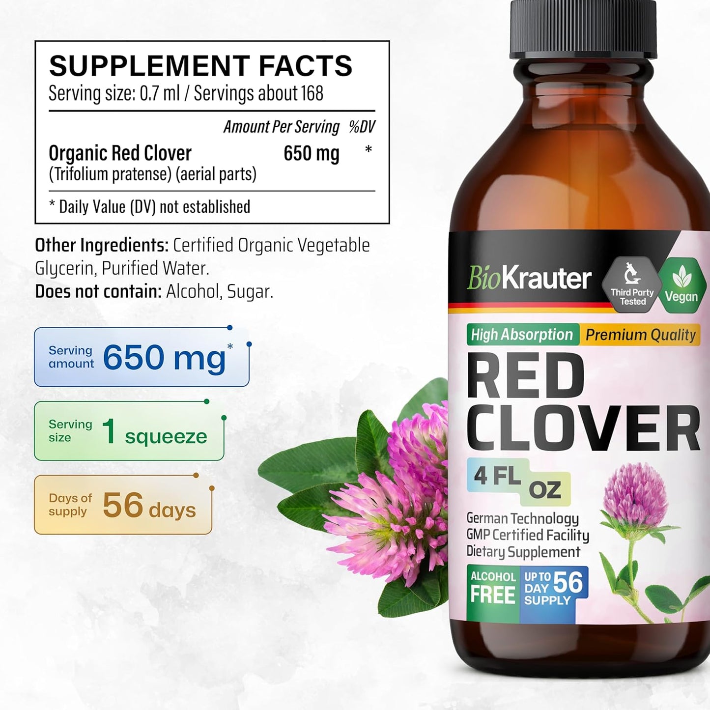 Red Clover Tincture for Women's Support - Vegan Liquid Extract - Alcohol & Sugar Free - 4 Fl.Oz. Bottle