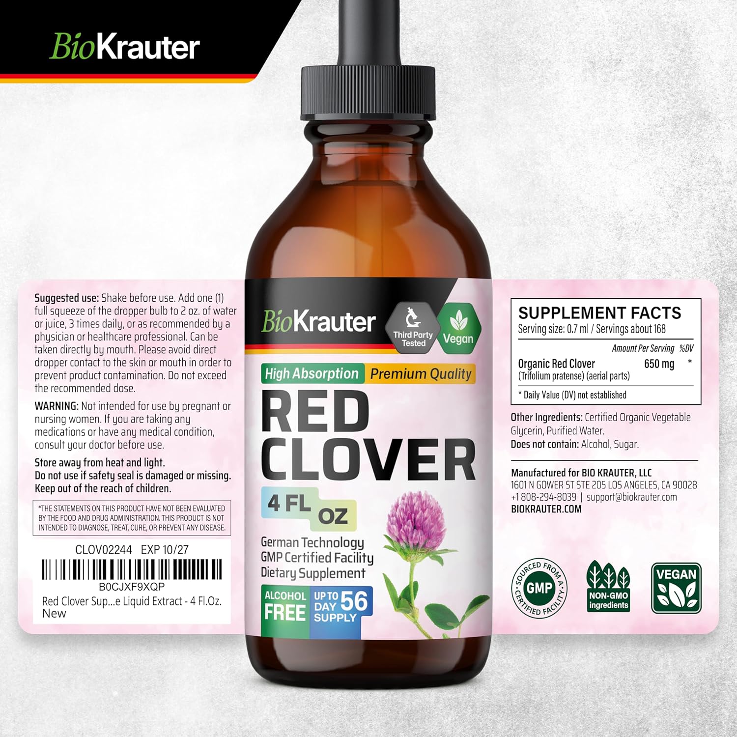 Red Clover Tincture for Women's Support - Vegan Liquid Extract - Alcohol & Sugar Free - 4 Fl.Oz. Bottle