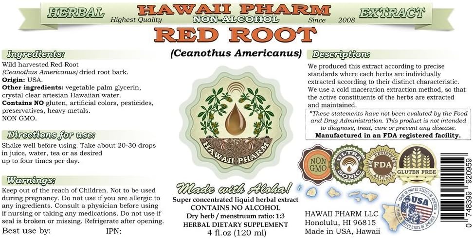 Red Root Alcohol-Free Liquid Extract - Ceanothus Americanus Dried Root Bark Glycerite Supplement - 2 fl.oz - Hawaii Pharm USA