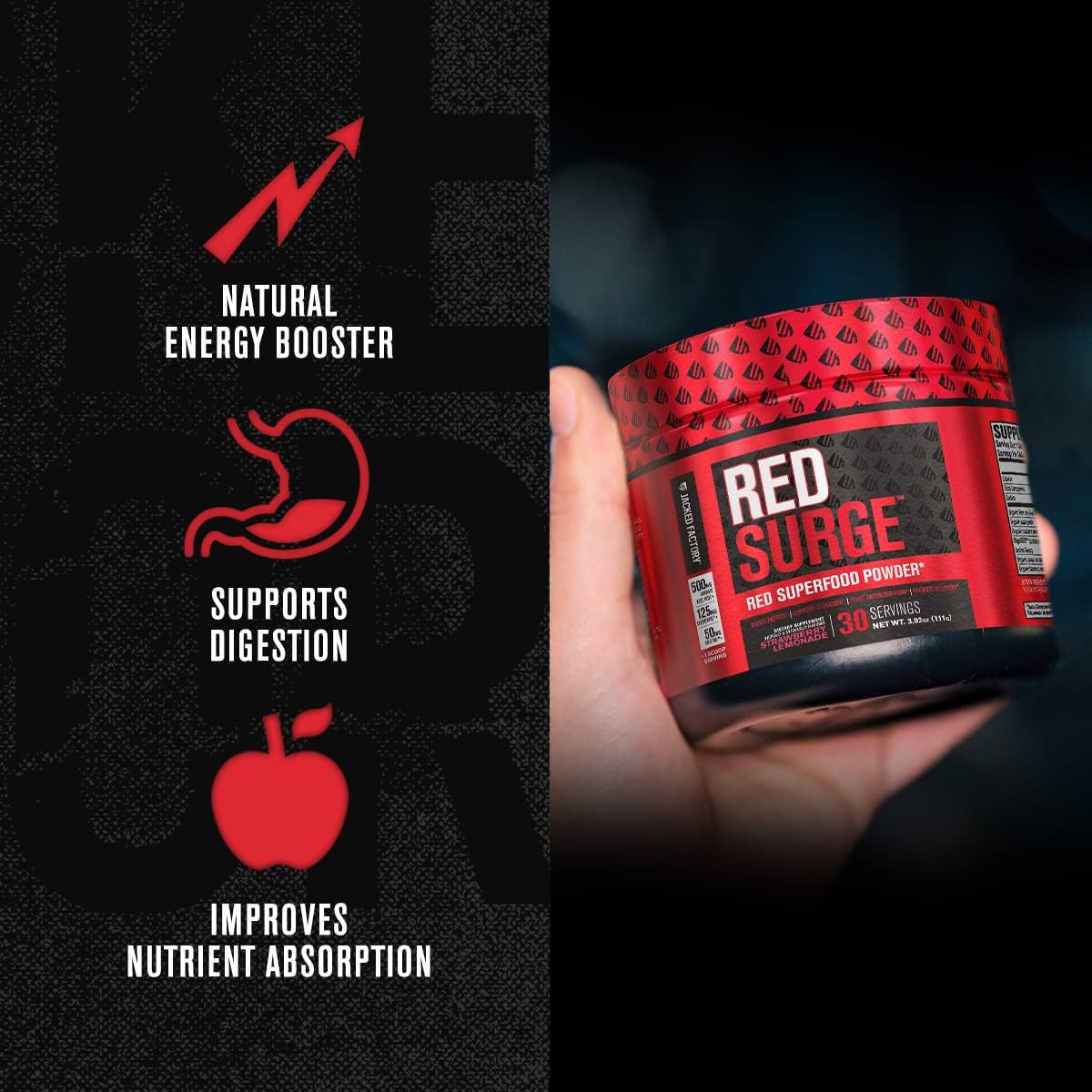 Red Surge Superfood Powder: Nitric Oxide Beet Supplement for Immune Support & Energy - 30 Servings Strawberry Lemonade