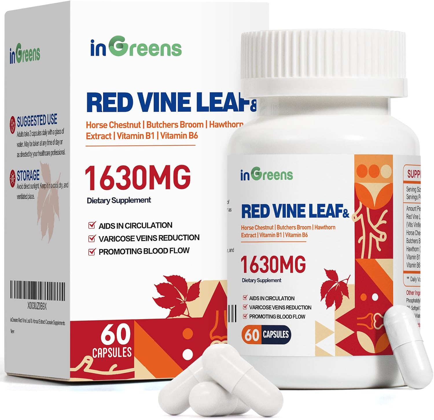 Red Vine Leaf Extract Supplement with Horse Chestnut & Hawthorn for Varicose Veins & Heart Health - 1630mg, 60 Capsules - Made in USA