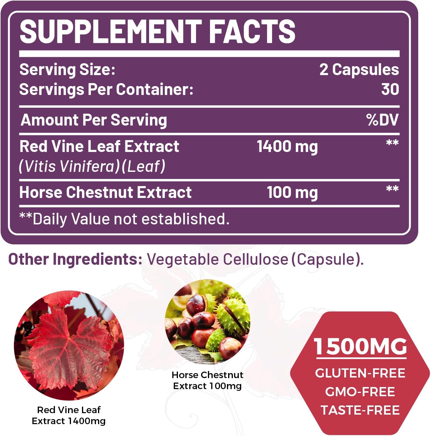 Red Vine Leaf & Horse Chestnut Supplement for Leg Circulation & Skin Health - 1400mg & 100mg (120 Capsules)