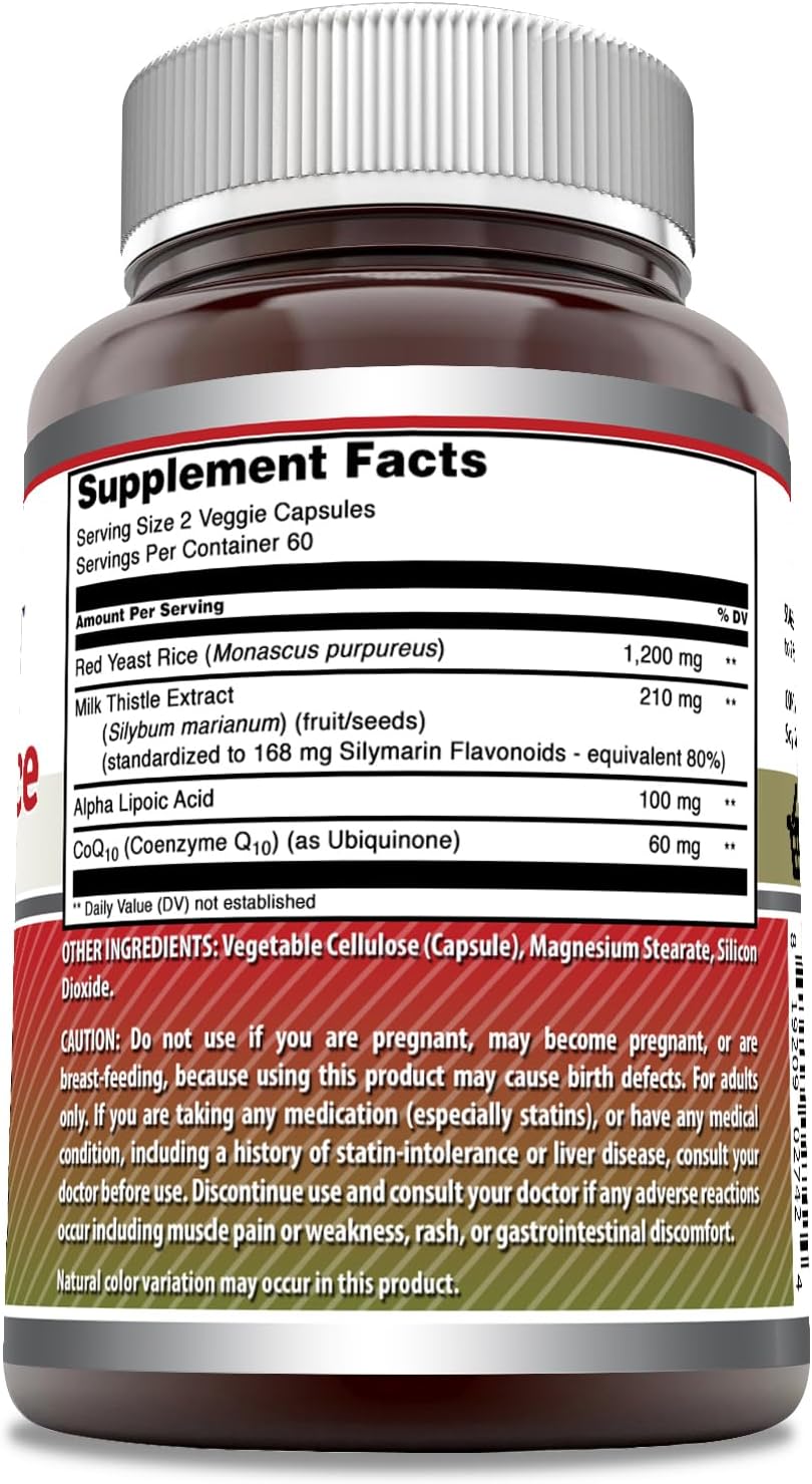Red Yeast Rice Complex with Alpha Lipoic Acid, CoQ10, Milk Thistle Extract - 120 Veggie Capsules | Made in USA | High Potency 1570 Mg Per Serving