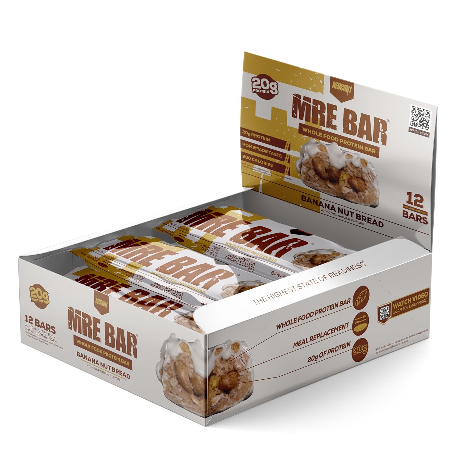 REDCON1 MRE Banana Nut Bread Protein Bar - 20g Whole Food Protein, MCT Oil, Digestible Low Sugar Meal Replacement Bar (12 Bars)