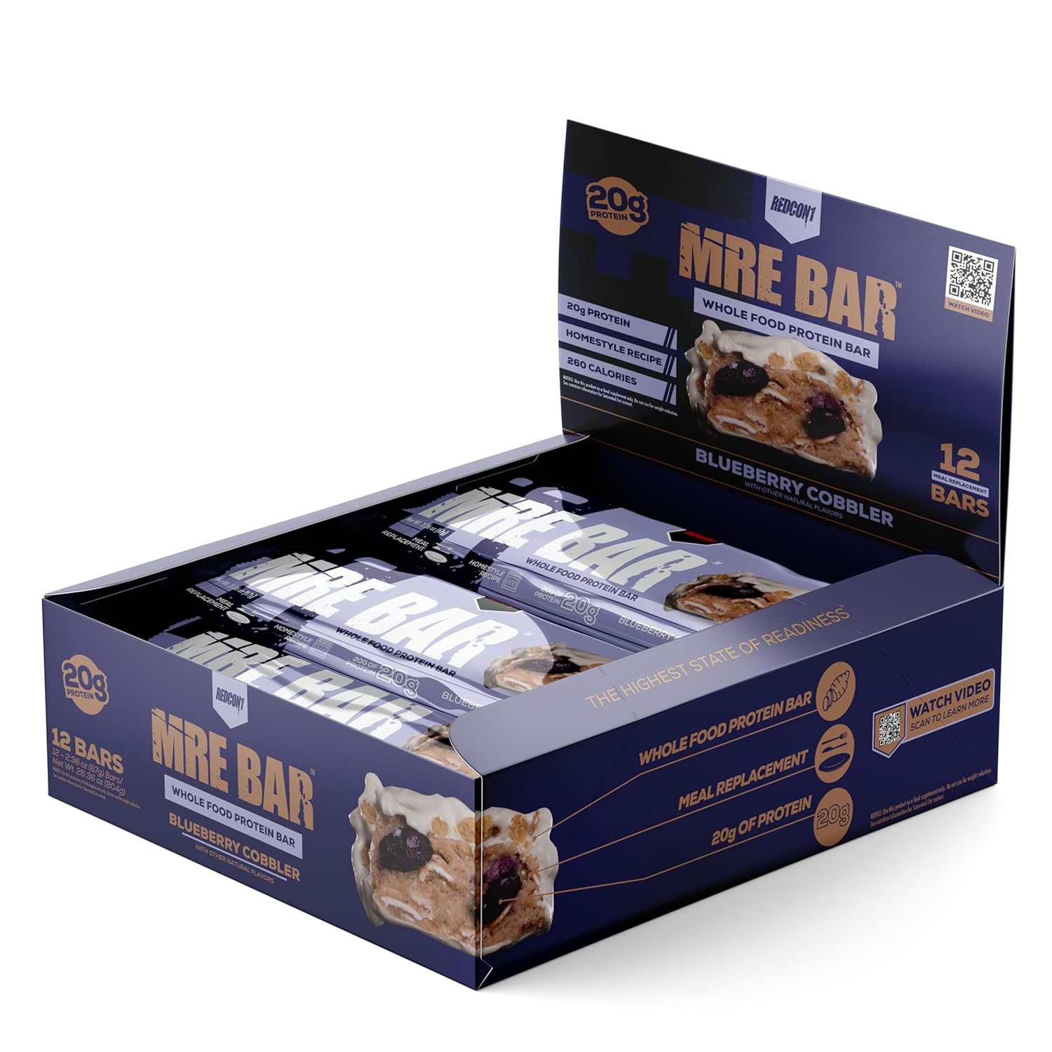 Redcon1 MRE Blueberry Cobbler Protein Bar - 20g Whole Food Protein, MCT Oil, Low Sugar (12 Bars)