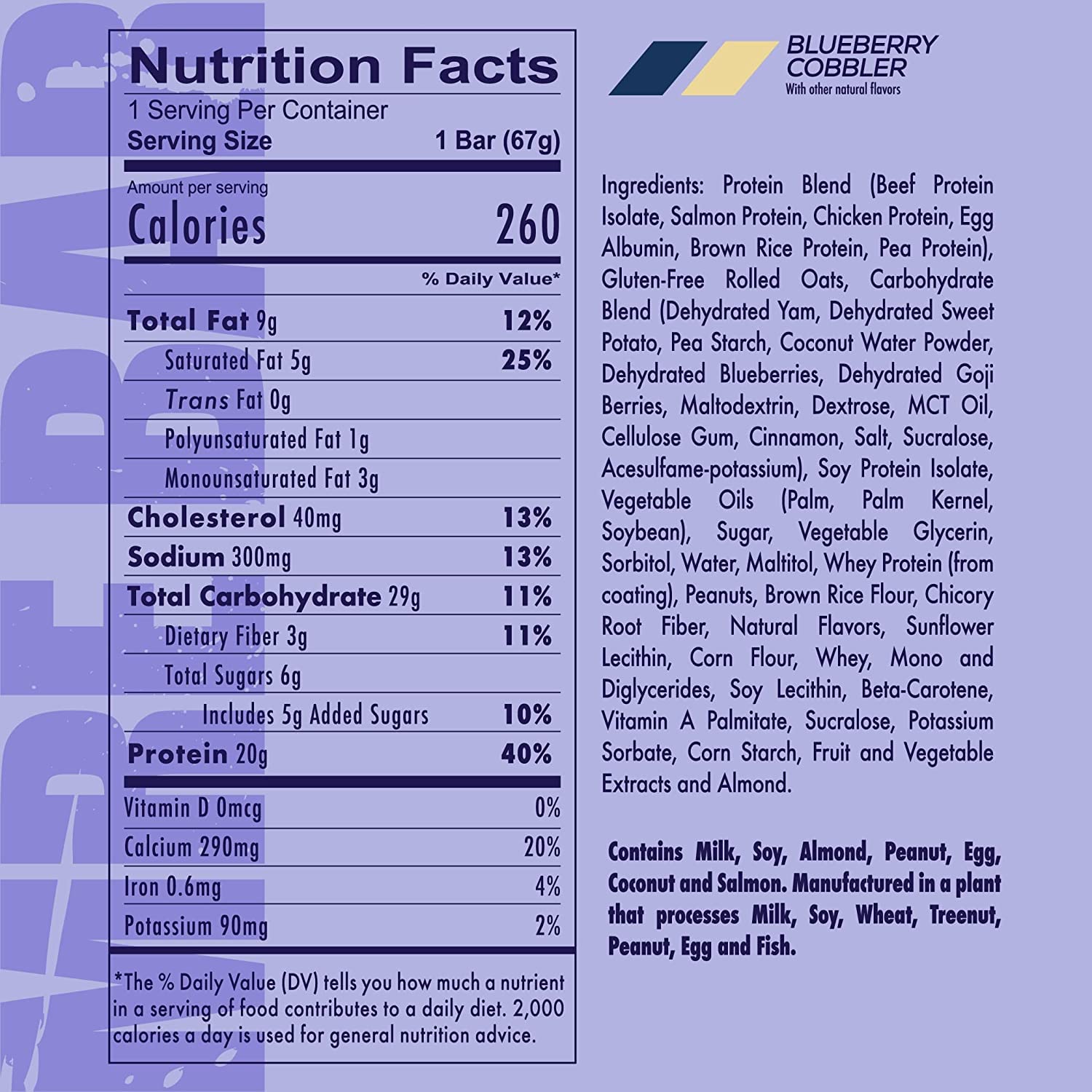 Redcon1 MRE Blueberry Cobbler Protein Bar - 20g Whole Food Protein, MCT Oil, Low Sugar (12 Bars)