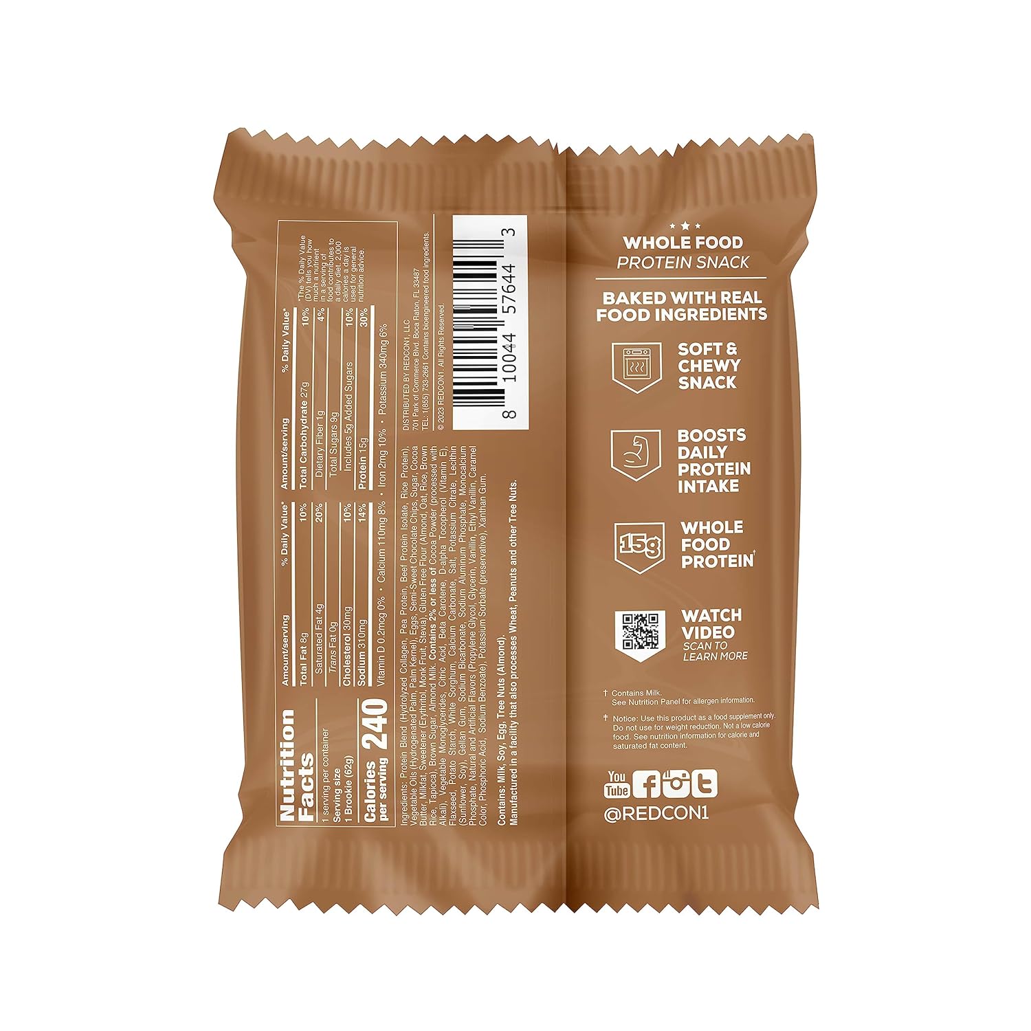 Redcon1 MRE Brookie Protein Bar - Whole Food Snack with 15g Protein, 5g Collagen, No Whey - Chocolate Chip Fudge Flavor (12 Pack)
