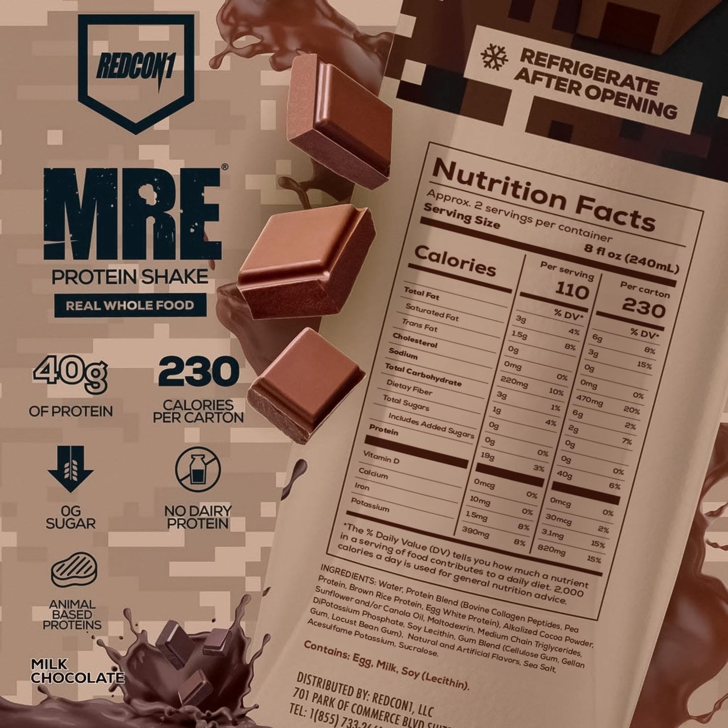 Redcon1 MRE Milk Chocolate Protein Shakes - 40g Real Whole Food Protein Blends, Lactose & Whey Free RTD, Keto-Friendly Nutritional Shake (12 Pack)