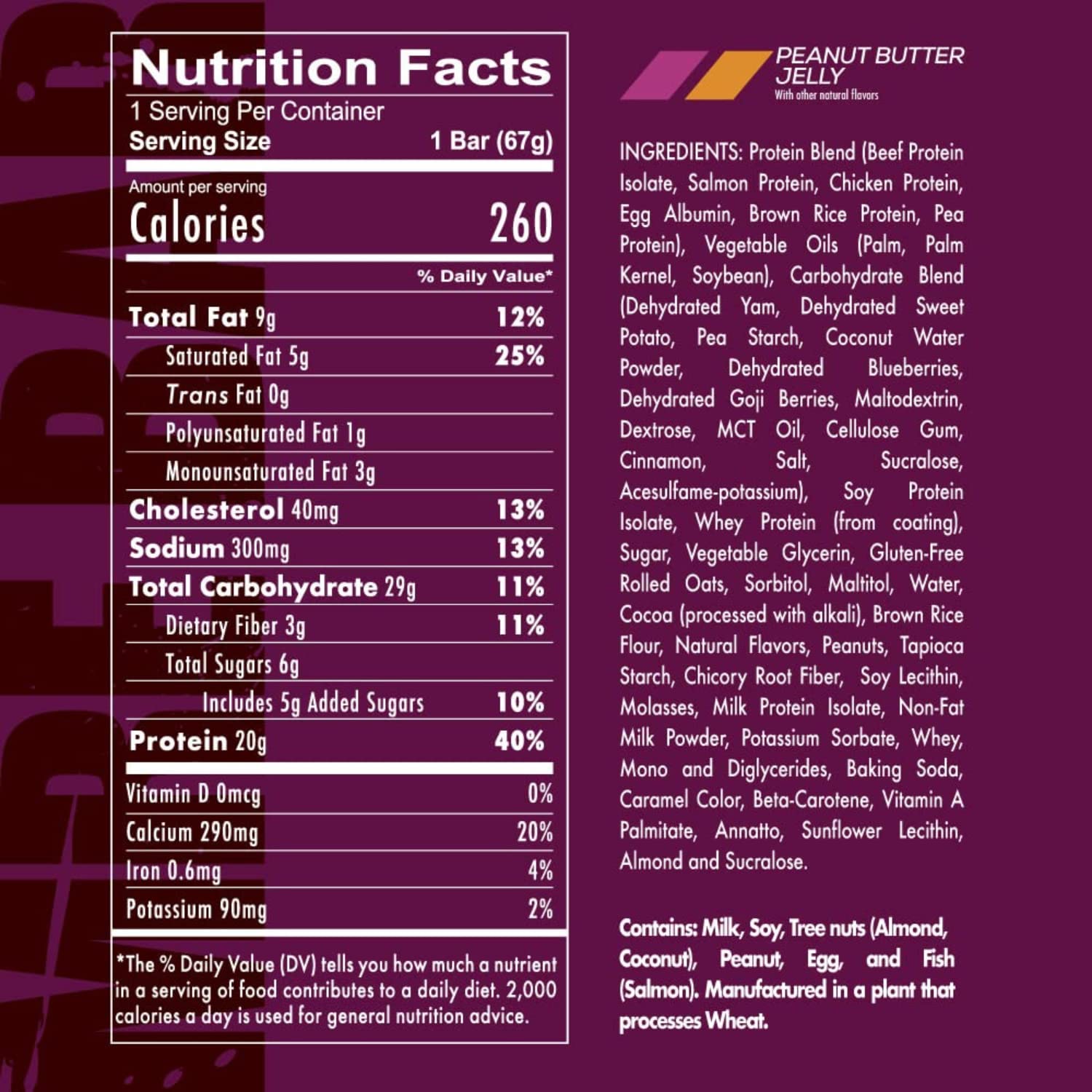 Redcon1 MRE Peanut Butter Jelly Protein Bar - Packed with MCT Oil, 20g Whole Food Protein, Easily Digestible, Balanced Low Sugar (12 Bars)