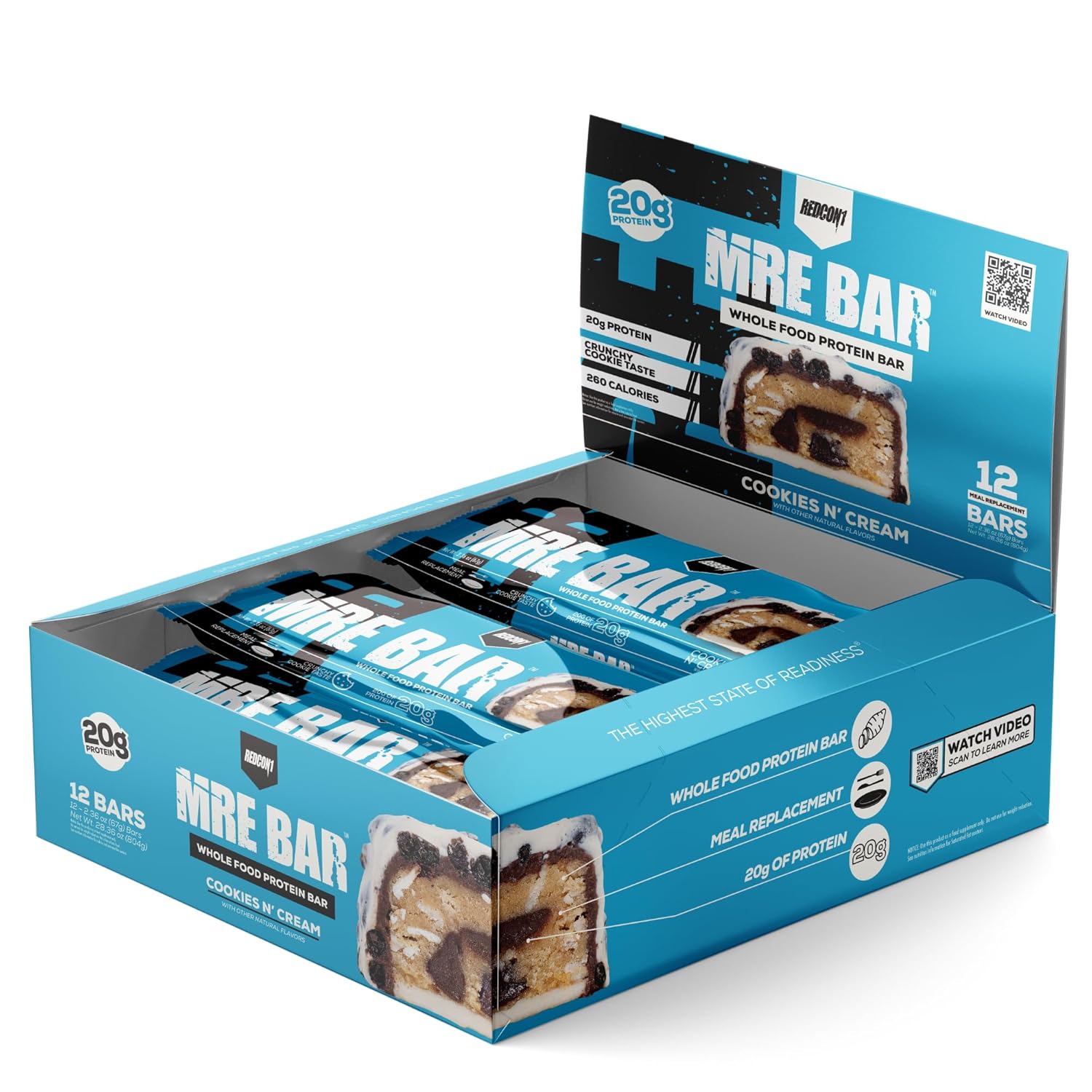 Redcon1 MRE Protein Bars, Cookies N' Cream - 20g Whole Food Protein, MCT Oil - Digestible, Low Sugar Meal Replacement (12 Bars)