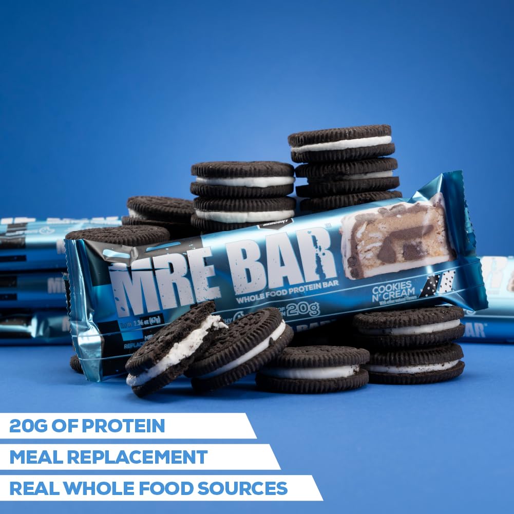 Redcon1 MRE Protein Bars, Cookies N' Cream - 20g Whole Food Protein, MCT Oil - Digestible, Low Sugar Meal Replacement (12 Bars)