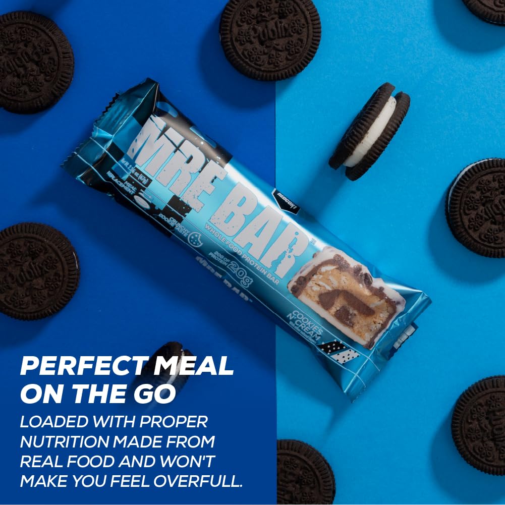 Redcon1 MRE Protein Bars, Cookies N' Cream - 20g Whole Food Protein, MCT Oil - Digestible, Low Sugar Meal Replacement (12 Bars)