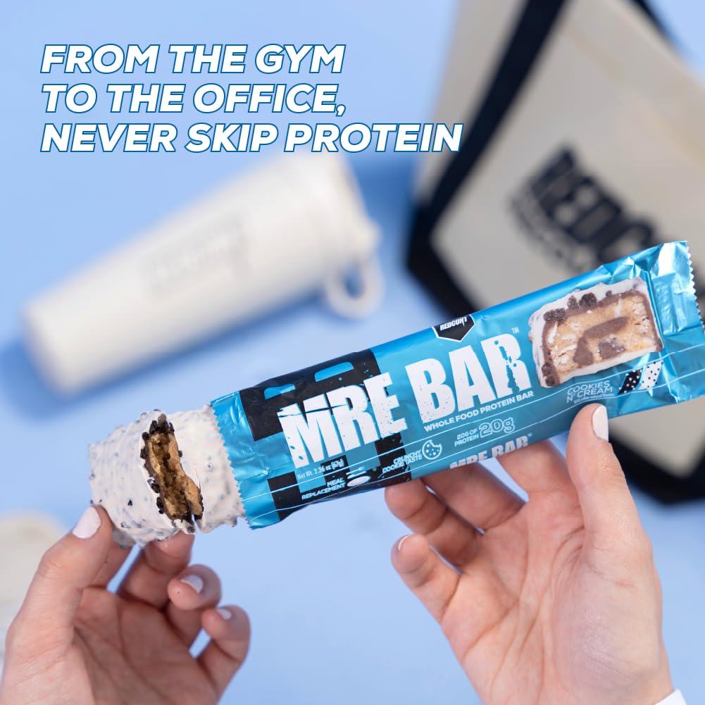 Redcon1 MRE Protein Bars, Cookies N' Cream - 20g Whole Food Protein, MCT Oil - Digestible, Low Sugar Meal Replacement (12 Bars)