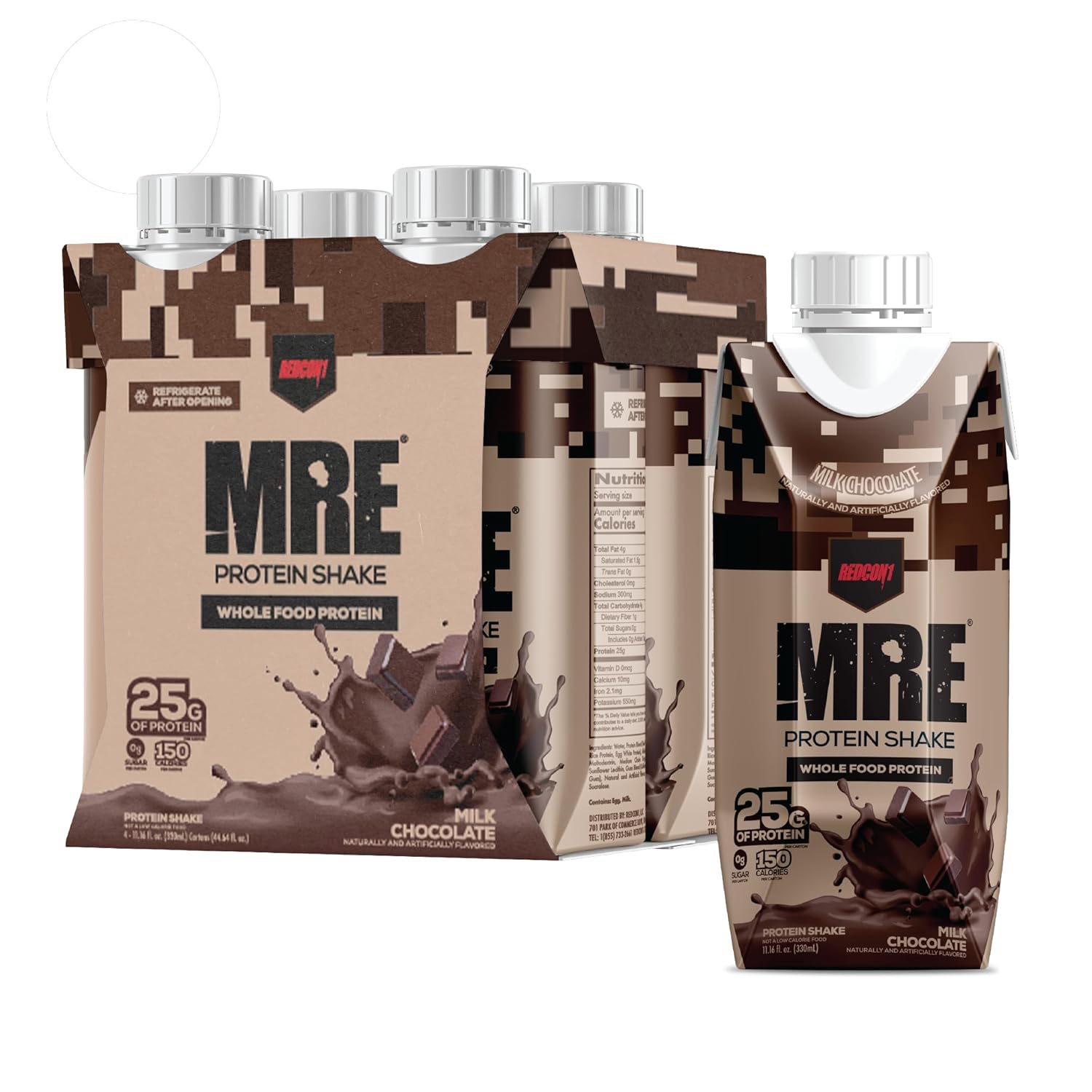 Redcon1 MRE Ready to Drink Protein Shakes, Milk Chocolate Flavor - 4 Pack of Sugar-Free Keto Friendly RTD Shakes with 25g Protein and MCT