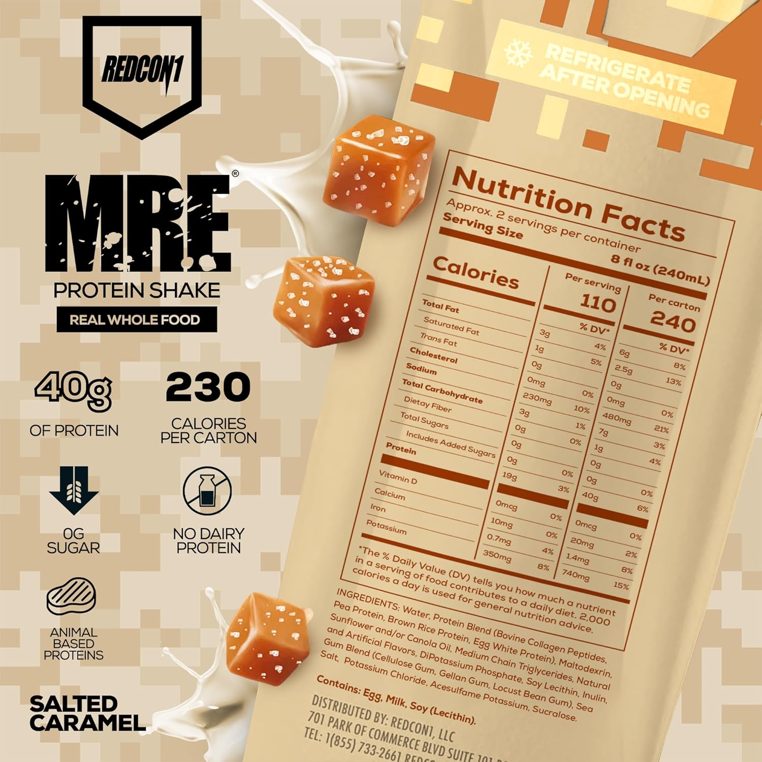 Redcon1 MRE Salted Caramel Ready to Drink Protein Shakes - Sugar-Free RTD Shake for Athletes - Whole Food Sources - 12 Pack