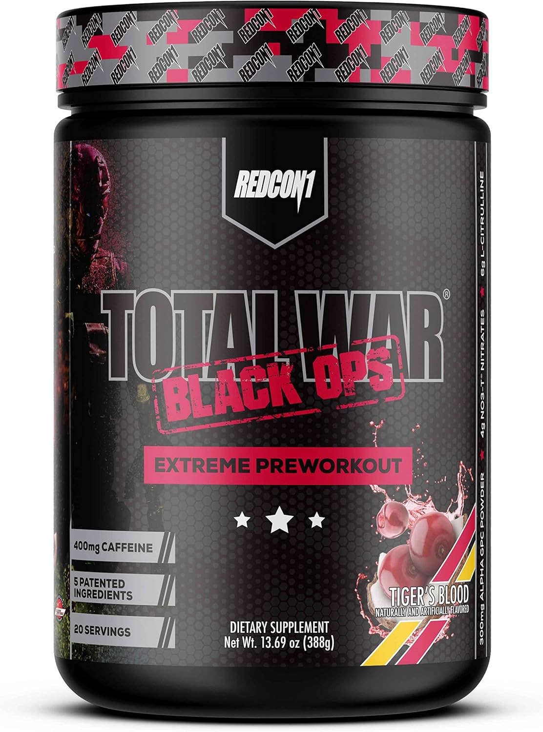 REDCON1 Total War Black Ops Preworkout Powder - Tigers Blood Flavor, High Stimulant with 400mg Caffeine, NO3-T Nitrates, L-Citrulline for Blood Flow and Muscle Pumps - 20 Servings