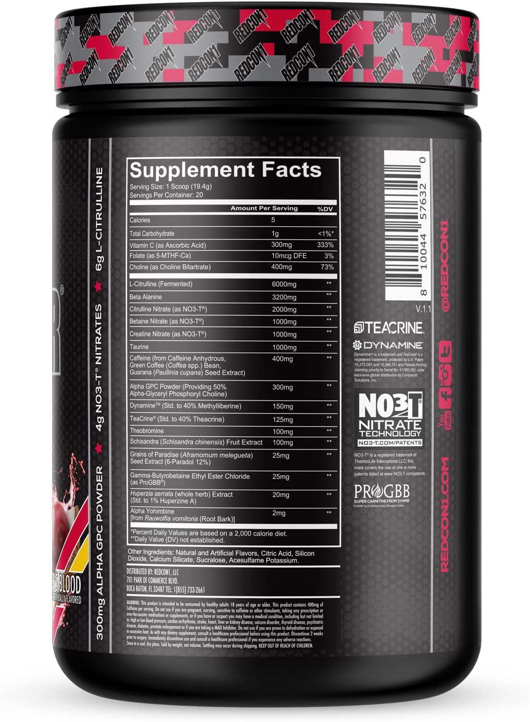 REDCON1 Total War Black Ops Preworkout Powder - Tigers Blood Flavor, High Stimulant with 400mg Caffeine, NO3-T Nitrates, L-Citrulline for Blood Flow and Muscle Pumps - 20 Servings