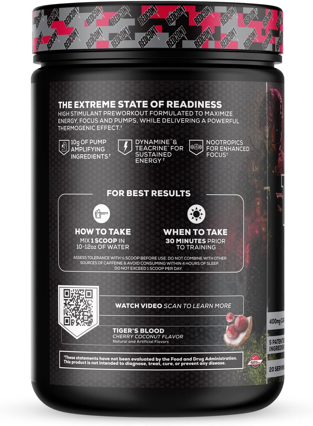 REDCON1 Total War Black Ops Preworkout Powder - Tigers Blood Flavor, High Stimulant with 400mg Caffeine, NO3-T Nitrates, L-Citrulline for Blood Flow and Muscle Pumps - 20 Servings